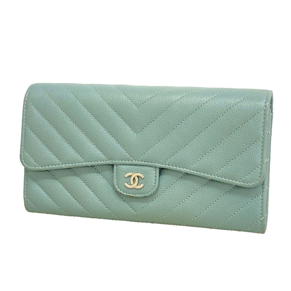 Chanel Long Wallet, Chevron Caviar Leather, Blue-Gray, Women's, P3465765